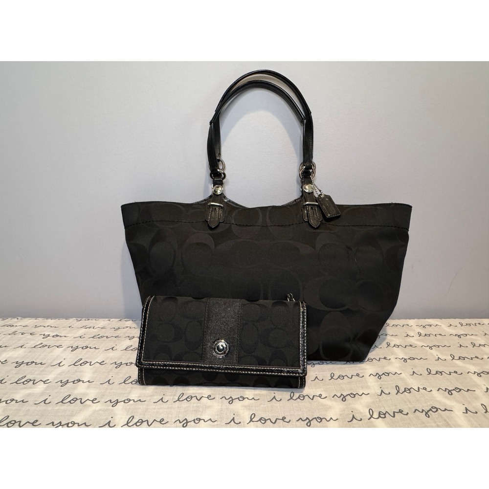 Coach F16175 Black Signature Sateen Tote Wallet Set Y2K